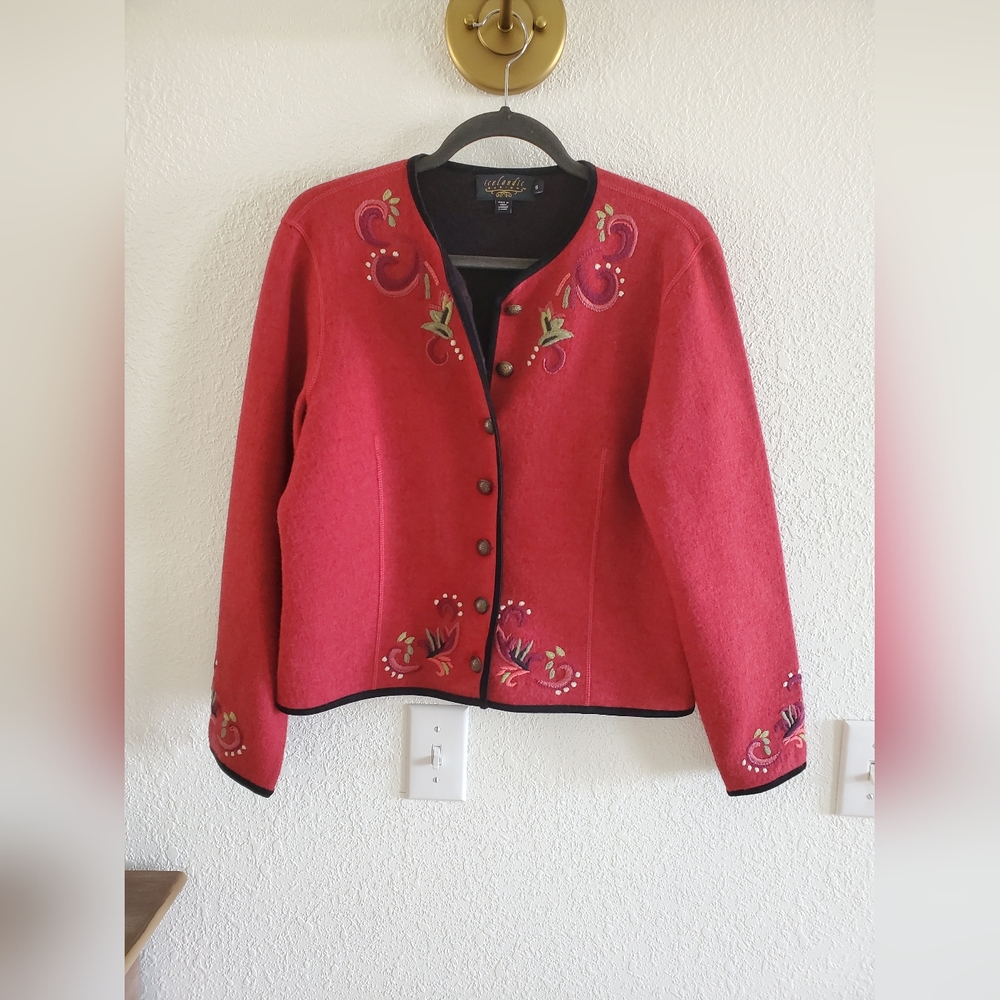 Icelandic Design Cardigan Sweater Jacket Red Wool Embroidered Unlined Sz small